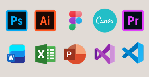 Photoshop, Illustrator, Figma, Canva, Premiere, Word, Excel, PowerPoint, Visual Studio, VS Code